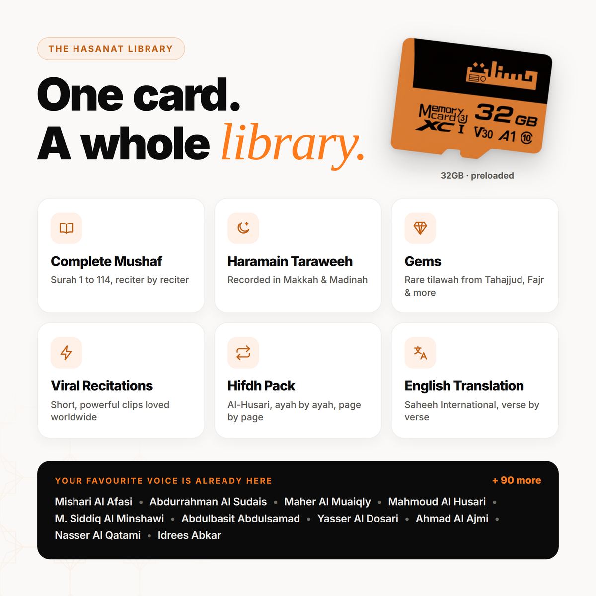 The Hasanat Library on the radio's microSD card: 100+ reciters and 15,000+ recitations